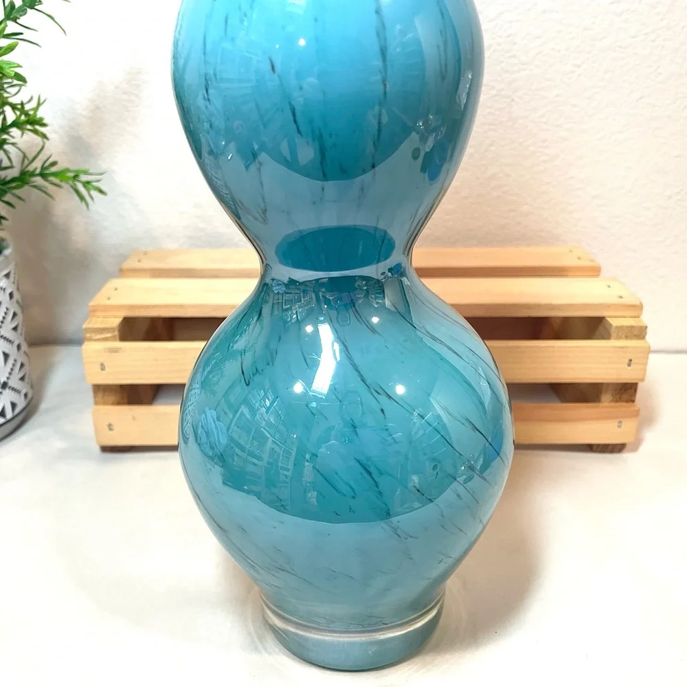 Vintage Pier 1 Turquoise Blue w Black Etch Art Glass Triple Gourd Vase | EUC